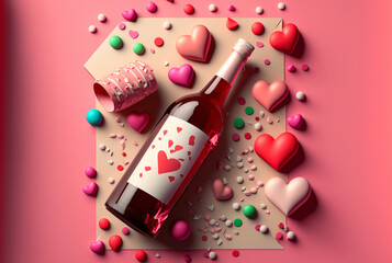 Fototapeta na wymiar Valentines day background with red wine bottle gift box