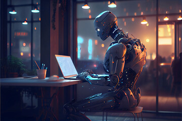 Obraz na płótnie Canvas Humanoid robot, artificial intelligence working at his computer, futuristic concept, created with Generative AI technology.