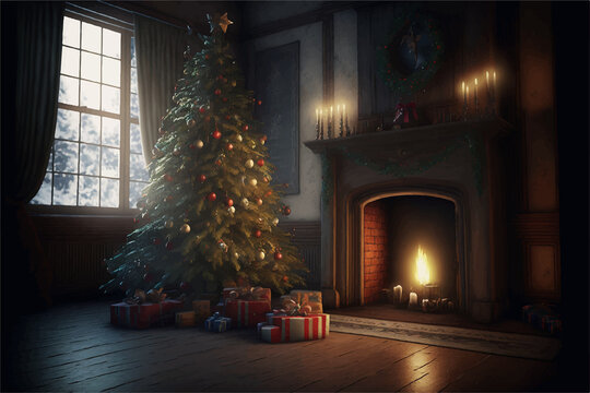 Christmas tree in front of the fireplace