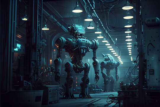Robot engineering in factory for generating new artificial inteligence. Futuristic concept.