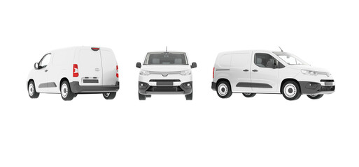 Fototapeta premium HiAce van PNG 3D Rendering set for Mockup, Delivery box truck advertising mockup, Cargo Express Van Vehicle, Pickup car on white background mock-up. It is easy ad to this blank space