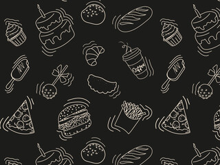 fast food doodle pattern, background with food icons. collection for food store, poster, banner with black background and white lines