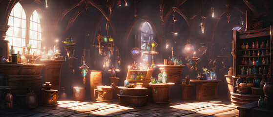 Fototapeta na wymiar Painting of a vintage alchemy store, fairy tale interior. Generative AI