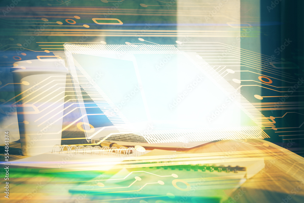 Aufkleber double exposure of desktop computer and technology theme hologram. concept of software development.