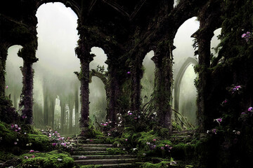 Obraz premium Post-apocalyptic city, dystopic overgrown buildings ,made with Generative AI