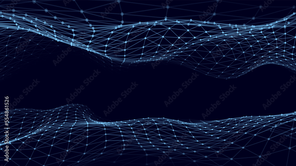 Poster futuristic moving wave. digital background with moving glowing particles and lines. big data visuali