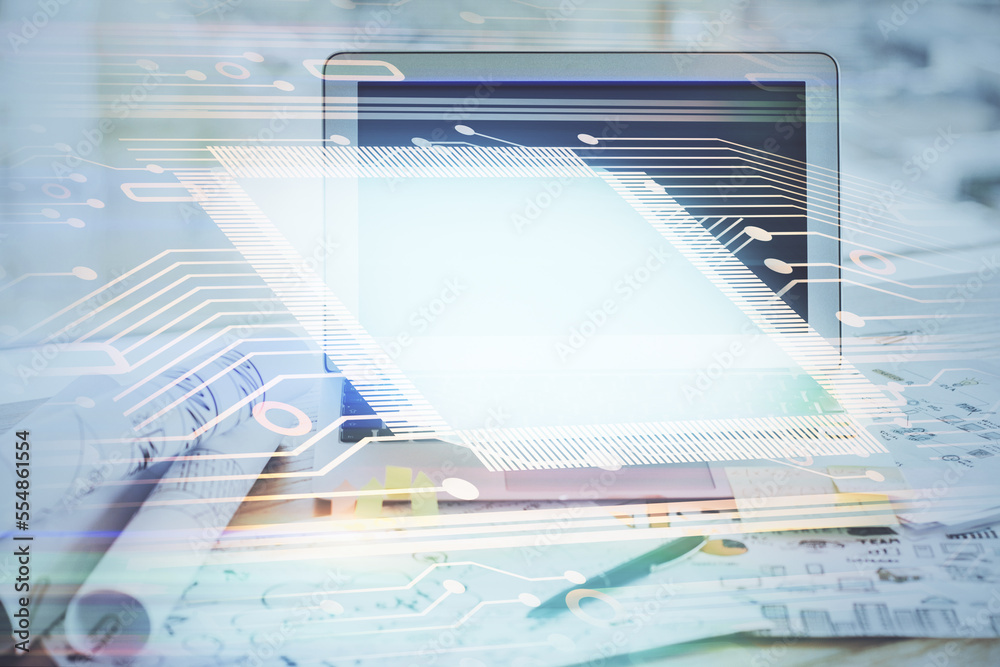 Aufkleber Double exposure of desktop computer and technology theme hologram. Concept of software development.