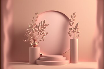 mock up of a pink stand with leaves nearby