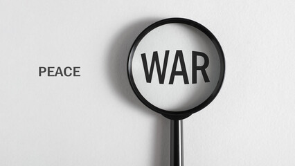 Peace and war concept. Magnifier focused on word war on white background, top view