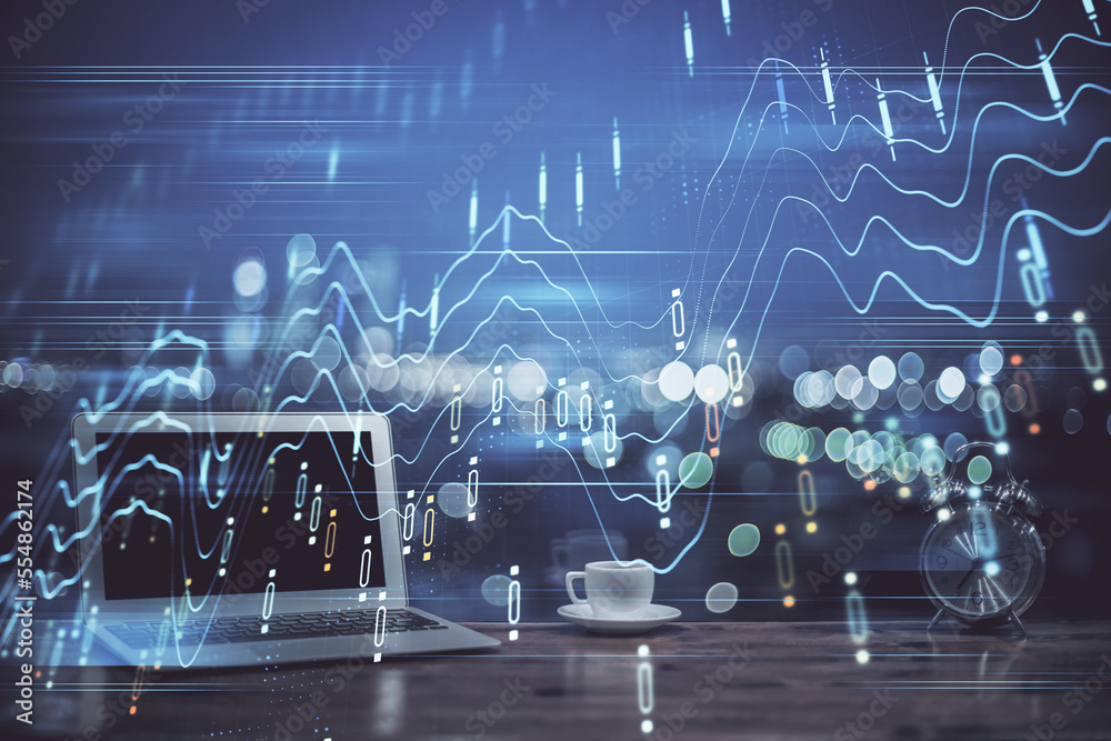 Aufkleber Stock market graph on background with desk and personal computer. Double exposure. Concept of financial analysis.