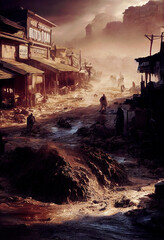 Fototapeta premium Dam breaks, post apocalyptic scene, city flooded ,made with Generative AI