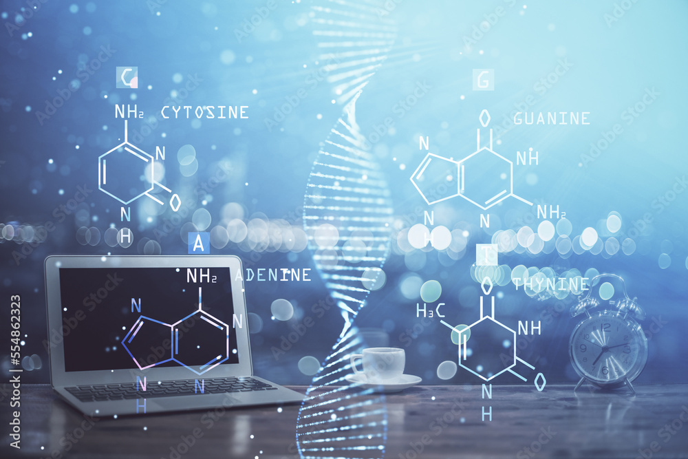 Poster desktop computer background and dna drawing. double exposure. science concept.