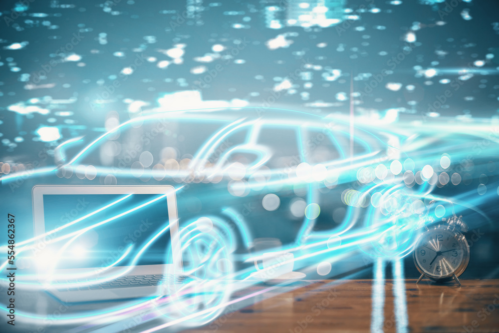 Poster Desktop computer background in office with automobile hologram drawing. Multi exposure. Tech concept.