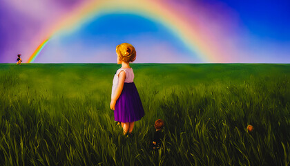 Girl looking at rainbow on the sky , Generative AI