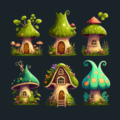 Cartoon forest fairytale mushroom gnomes or houses. Isolated on background. Cartoon flat vector illustration - obrazy, fototapety, plakaty