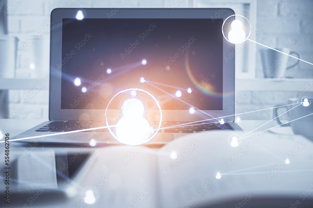 Poster computer on desktop with social network theme icon. multi exposure. concept of international connect