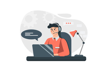 Man works at customer support concept in flat design. Operator in headphone answers online letters from clients, finds solutions, advises and consults. Illustration with people scene for web