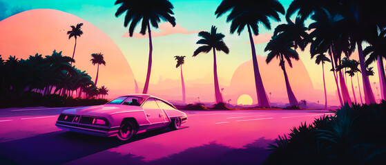 Retrowave car on a palms road near the sea on a sunset, Generative AI