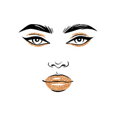 Woman Gold Glitter Makeup Illustration. Fashion Girl Face Portrait. Golden Lips and Eyeshadow