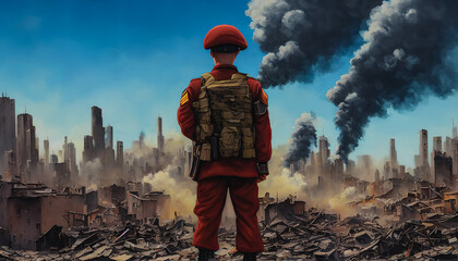 Obraz premium Painting of soldier on battlefield, Generative AI