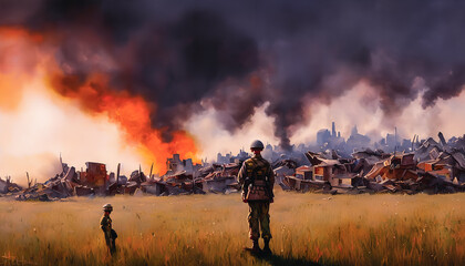 Obraz na płótnie Canvas Painting of soldier on battlefield, Generative AI