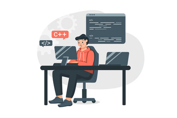 Programmer coding concept in flat design. Man developer works at computer, writes and tests code, creates programs and software while sitting in office. Illustration with people scene for web