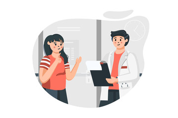 Doctor appointment concept in flat design. Woman patient consults with therapist. Doctor diagnoses and prescribes examinations and treatment at clinic. Illustration with people scene for web