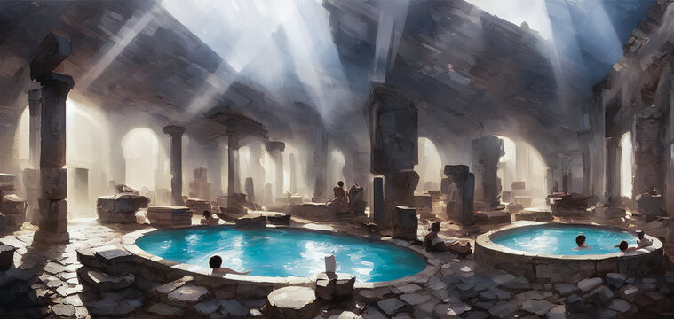 Painting of Ancient roman bathhouse,People wash in the bathhouse. Generative AI