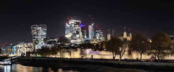 Night view of London part of the capital of Great Britain with the River Thames, Tower of London...