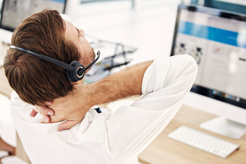 Neck pain, call center and man in office with stress, burnout and posture issue while working in...