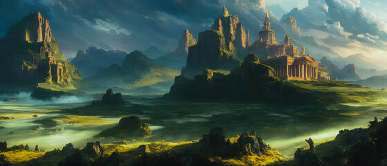 Aztec temple in mountain landscape, Generative AI