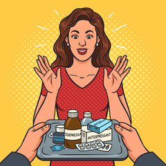 Girl receives antidepressants as gift pinup pop art retro vector illustration. Comic book style imitation.