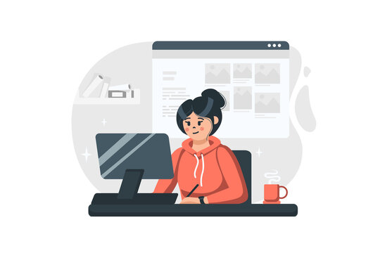 Graphic designer concept in flat design. Woman illustrator draws on tablet and creates content to fill website using computer, makes creative projects. Illustration with people scene for web