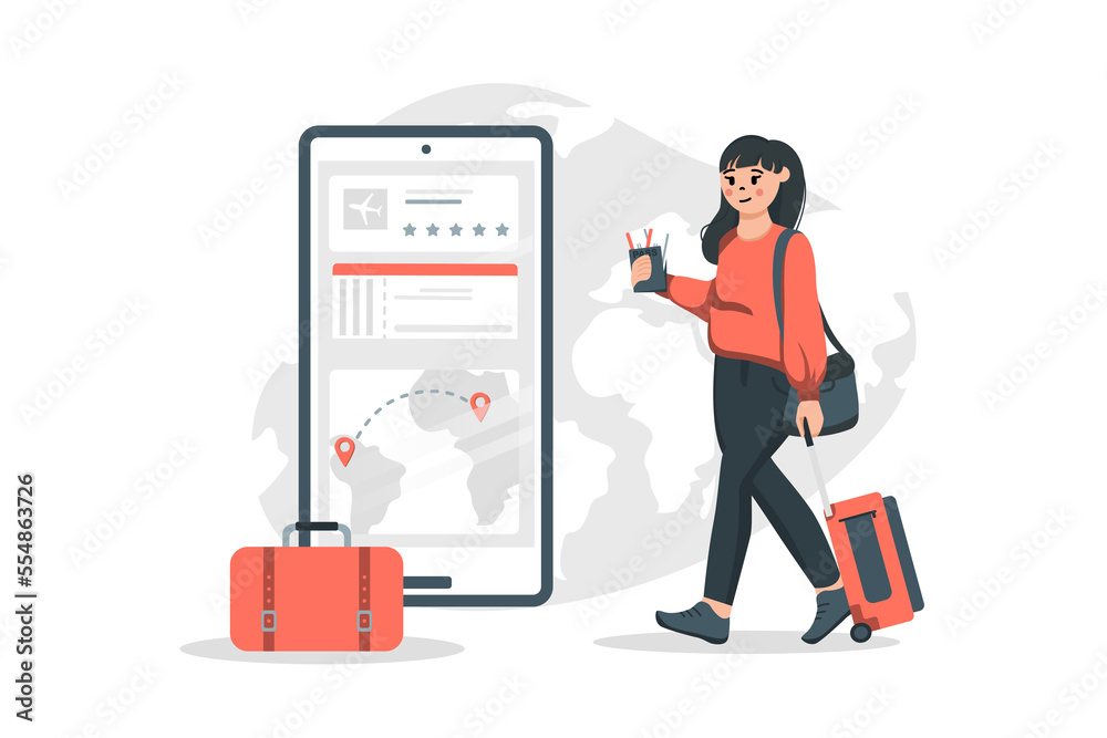 Wall mural woman buying flight ticket concept in flat design. young girl tourist with luggage choosing airline 