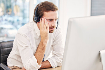 Call center, stress and sad businessman with burnout from mistake on computer, 404 glitch and fail....