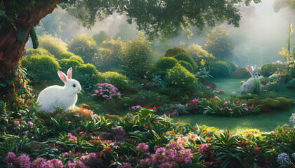 Cute bunny, rabbit in beautiful landscape, Generative AI