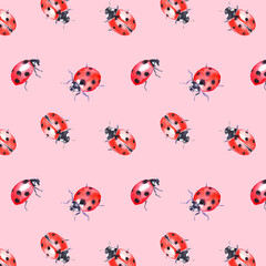 Ladybug pattern, fabric pattern , insect, red bugs, beetle, watercolor illustration