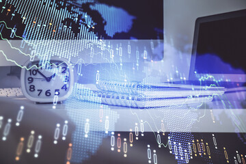 Forex Chart hologram on table with computer background. Double exposure. Concept of financial markets.