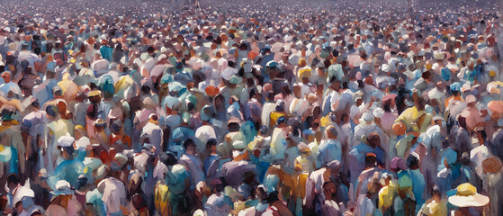 Painting of crowd of people in the city, Generative AI