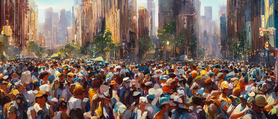 Painting of crowd of people in the city, Generative AI