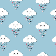 Obraz premium Seamless pattern of white smiling clouds with hearts on a blue background