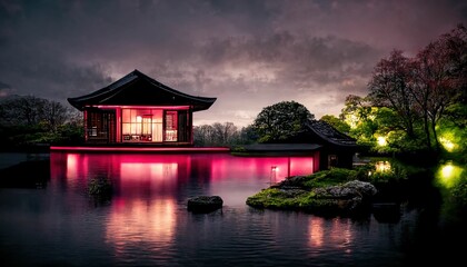 Fototapeta premium Japanese garden with cherry blossom, sakura, houses reflecting in the lake ,made with Generative AI
