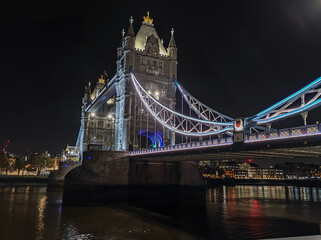 Night view of London part of the capital of Great Britain with the River Thames and the famous Tower Bridge