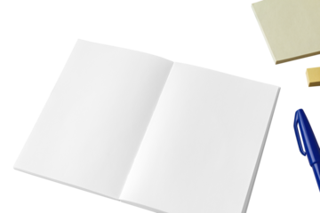 Blank notebook from oblique angle with blue pen and yellow sticky note