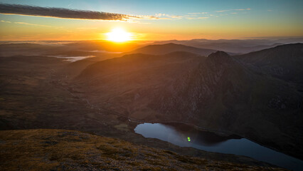 Ogwen valley and Tryfan landscape sunrise view of Snowdonia