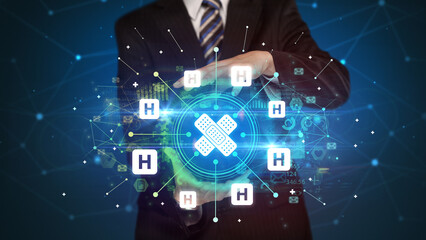 Hand holding healthcare icons concept