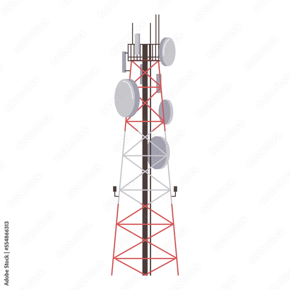 Poster radio tower with antenna, broadcasting equipment. vector towered communication technology antenna, t
