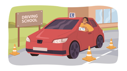 Person passed education exam in driving school, flat cartoon vector illustration. Happy guy just got driving license, passed driving test with traffic cones, success in drive