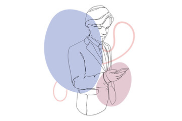 Businessman using smartphone continuous line drawing concept. Young man in suit looks at screen of mobile phone, chatting or browsing news. Illustration in outline hand drawn design for web