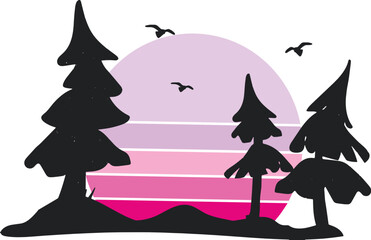 Fototapeta premium silhouette of fir trees vector and pink sun. christmas trees cartoon style vector silhouette. forest vector silhouette. forest silhouette and retro pink sun vector